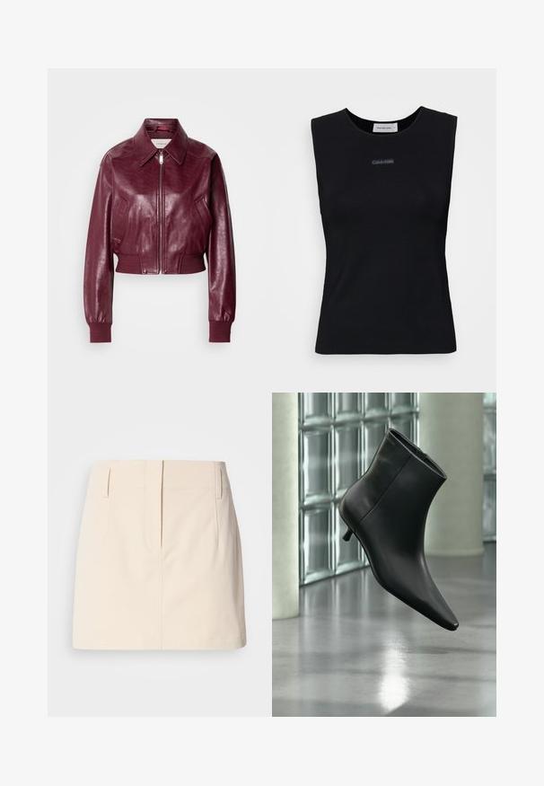 Calvin Klein Jeans CROPPED CRINKLE - Bomberjakke - deep rouge; Sort ærmeløs top lavet af glat stof. Har en rund halsudskæring og et lille Calvin Klein-logo i midten. Simpelt og tætsiddende design.; Calvin Klein Jeans SKIRT - A-snit nederdel - fog; Sort læderankelstøvle med spids tå og lav kitten-hæ, vist vinklet mod en poleret gulv- og glasblokvæg.
