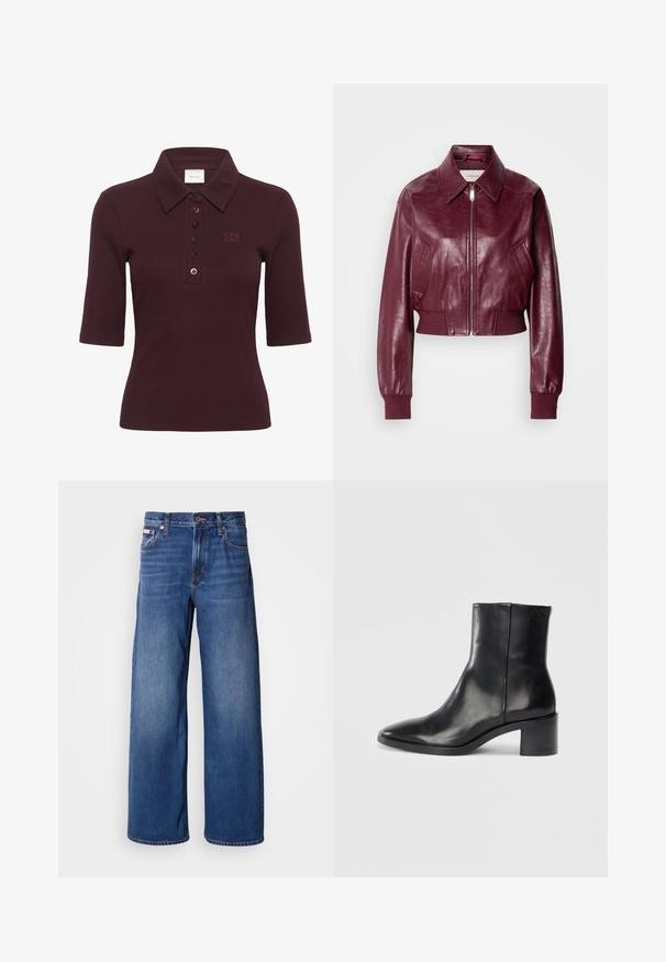Calvin Klein Jeans CROPPED CRINKLE - Chaquetas bomber - deep rouge; Gestuz DREW - Polo - aronia; Jeans de mezclilla de pierna ancha en azul oscuro, con una cintura alta, cinco bolsillos y un sutil desvanecimiento en la parte delantera para mayor textura y detalle.; Botín de cuero negro hasta el tobillo con punta afilada, tacón bajo y bloque, y sutil logotipo embosado. Textura suave con un diseño elegante y costuras mínimas.