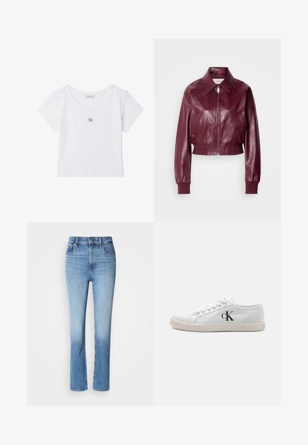 Calvin Klein Jeans CROPPED CRINKLE - Bomberjacke - deep rouge; Weißes Crop-Top mit kurzen Ärmeln, rundem Ausschnitt und kleinem quadratischem Calvin Klein Jeans Logo-Patch in der Mitte vorne.; Blaue Jeans aus Denim mit hoher Taille, gerader Beinführung, verblasstem Farbverlauf und fünf Taschen. Metallknopf- und Reißverschluss.; Weiße Canvas-Sneaker mit niedrigem Design, ausgestattet mit einer Gummisohle und einem schwarzen "CK"-Logo an der Seite. Sechs Ösen mit weißen Schnürsenkeln.