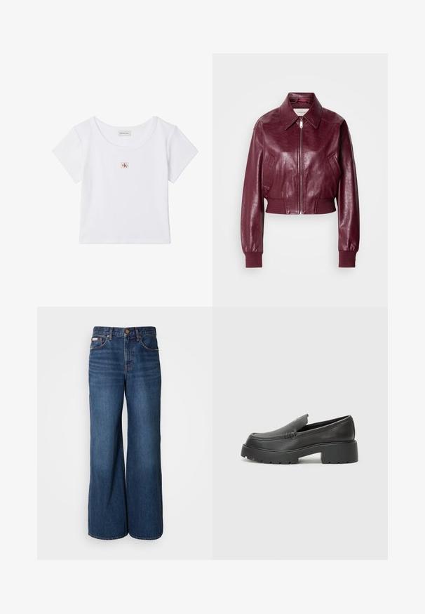 Calvin Klein Jeans CROPPED CRINKLE - Bomberjakke - deep rouge; Hvid cropped t-shirt med korte ærmer, rund halsudskæring og lille firkantet Calvin Klein Jeans-logo på midten foran.; Bredde jeans lavet af mørkeblåt denim. Funktioner inkluderer en høj talje, fem lommer og kontrasterende orange syninger langs sømmene.; Sorte læder loafers med rund tå, tyk tekstureret sål og minimale syninger. Elegant design uden synlige snørebånd eller hardware.