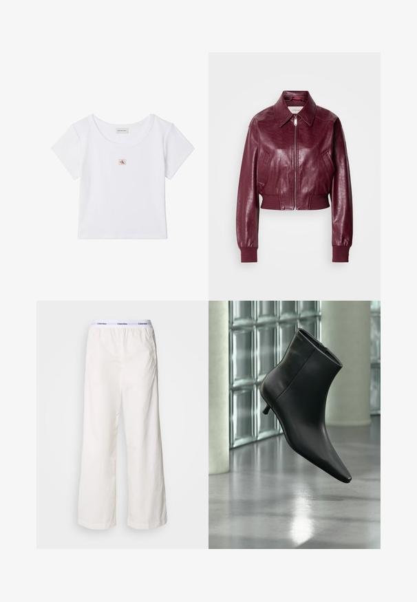 Calvin Klein Jeans CROPPED CRINKLE - Chaquetas bomber - deep rouge; Top corto blanco de manga corta con cuello redondo y pequeña etiqueta cuadrada con el logo de Calvin Klein Jeans en el centro delantero.; Pantalones blancos de pierna ancha con una cintura elástica que presenta un logotipo de Calvin Klein en contraste. Fabricados en un tejido suave, ofrecen un ajuste relajado.; Botín negro de cuero con punta puntiaguda y tacón bajo estilo kitten, mostrado en ángulo sobre un suelo pulido y con una pared de bloques de vidrio de fondo.