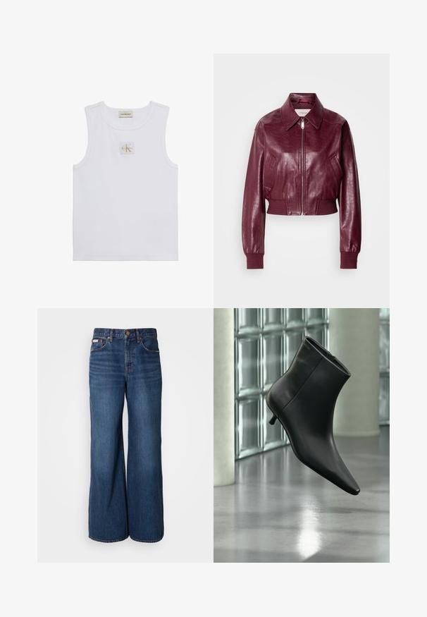 Calvin Klein Jeans CROPPED CRINKLE - Blouson Bomber - deep rouge; Débardeur blanc sans manches avec étiquette Calvin Klein Jeans sur la poitrine et une étiquette près de l'encolure sur fond blanc uni.; Jean large en denim bleu foncé. Les caractéristiques incluent une taille haute, cinq poches et des coutures contrastantes orange le long des coutures.; Bottine en cuir noir à bout pointu et petit talon kitten, présentée en angle devant un sol poli et un mur en blocs de verre.