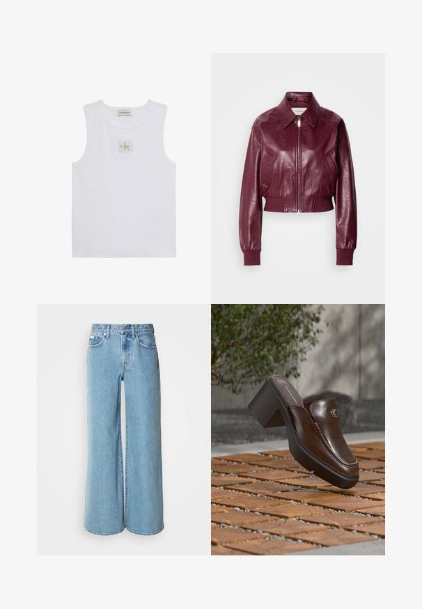 Calvin Klein Jeans CROPPED CRINKLE - Blouson Bomber - deep rouge; Débardeur blanc sans manches avec étiquette Calvin Klein Jeans sur la poitrine et une étiquette près de l'encolure sur fond blanc uni.; Jean large bleu clair en denim, avec une taille haute, un design à cinq poches et un léger dégradé sur le tissu.; Mule à talon en cuir marron Calvin Klein flottant au-dessus d'un sol en carrelage en bois avec en arrière-plan une plante verte et un mur flous.