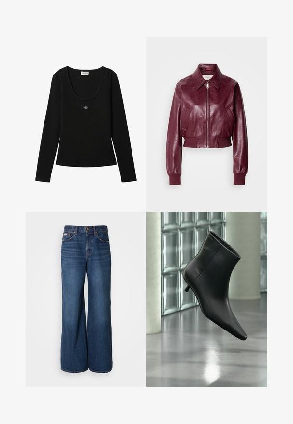 Calvin Klein Jeans CROPPED CRINKLE - Bomberjakke - deep rouge; Sort langærmet ribbet top med rund halsudskæring og lille Calvin Klein logo patch centreret på brystet.; Bredde jeans lavet af mørkeblåt denim. Funktioner inkluderer en høj talje, fem lommer og kontrasterende orange syninger langs sømmene.; Sort læderankelstøvle med spids tå og lav kitten-hæ, vist vinklet mod en poleret gulv- og glasblokvæg.