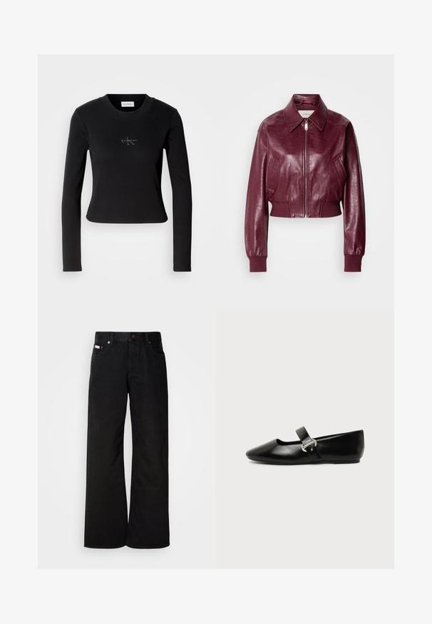 Calvin Klein Jeans CROPPED CRINKLE - Bombera - deep rouge; Čierny priliehavý top s dlhým rukávom a malým logom Calvin Klein na hrudi, vystavený na bielom pozadí.; Čierne džínsy s širokými nohavicami vyrobené z bavlny. Majú predné vrecká, zapínanie na gombík a klasickú denimovú textúru. Minimalistický dizajn bez vzorov.; Čierna kožená Mary Jane balerína s zaoblenou špičkou a striebornou prackou na jednoduchom pozadí.