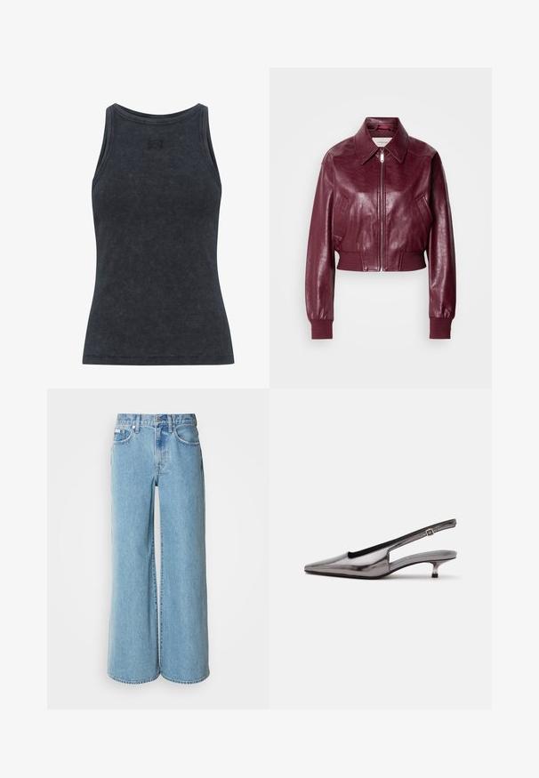 Calvin Klein Jeans CROPPED CRINKLE - Bomberjacks - deep rouge; Donkergrijze geribbelde tanktop met een ronde hals en een aansluitend ontwerp. Kenmerkt een subtiele logo-detail op de borst. Zacht, gemeleerd stof.; Lichtblauwe wijde jeans van denim, met een hoge taille, vijf pockets en subtiele vervaging langs de stof.; Metallic grijze slingback-schoen met spitse neus, lage kittenhak en verstelbare band op een witte achtergrond.