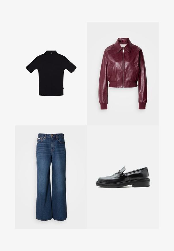 Calvin Klein Jeans CROPPED CRINKLE - Bomberjacks - deep rouge; Zwarte t-shirt met korte mouwen, een hoge kraag en een ritssluiting aan de achterkant. Gemaakt van een gladde stof met een minimalistisch ontwerp en zonder zichtbare patronen.; Wijdvallende jeans van donkerblauwe denim. Kenmerken zijn een hoge taille, vijf zakken en contrasterende oranje stiksels langs de naden.; Zwarte leren instaploafer met een lage hak en een afgeronde vierkante neus, zijaanzicht op een effen witte achtergrond.
