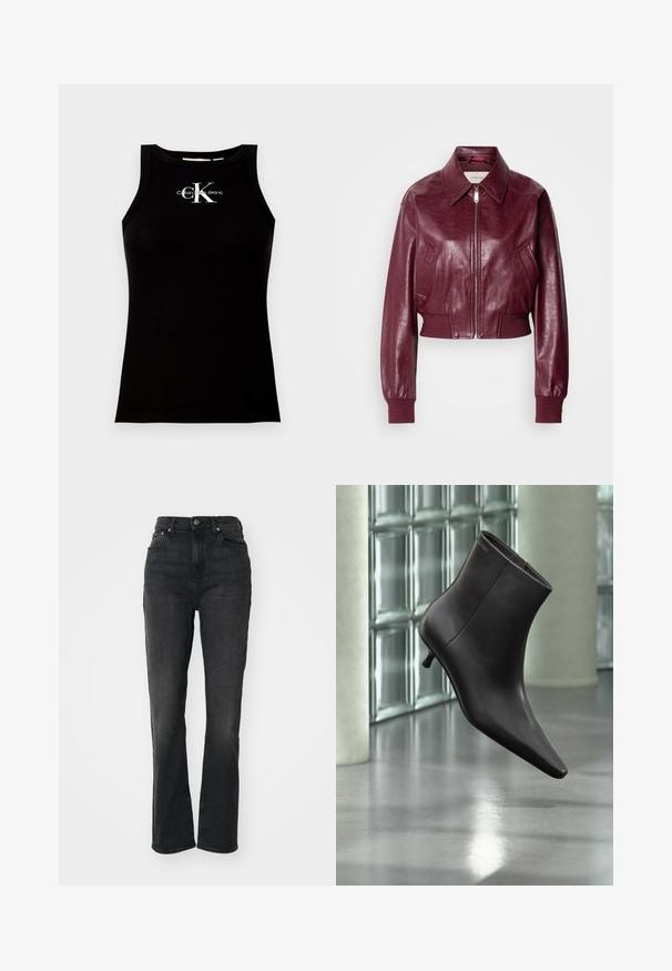 Calvin Klein Jeans CROPPED CRINKLE - Bombera - deep rouge; Čierny rebrovaný top bez rukávov s okrúhlym výstrihom a logom "Calvin Klein Jeans" potlačeným bielou farbou na prednej strane.; Čierne džínsy so zvýšeným pásom, rovné nohavice, dizajn s piatimi vreckami, zapínanie na predný gombík a minimálne švy.; Čierna kožená členková obuv s ostrou špičkou a nízkym podpätkom, zobrazená na pozadí steny zo sklenených blokov a leštenej podlahy.