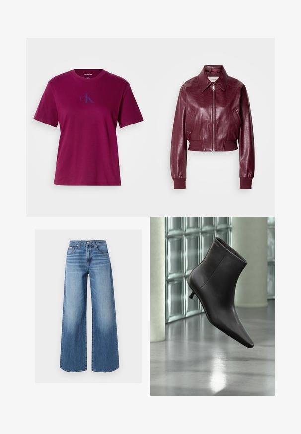 Calvin Klein Jeans CROPPED CRINKLE - Bomberjakke - deep rouge; Magenta bomulds-t-shirt med rund hals, korte ærmer og et blåt logo på brystet. Har en afslappet pasform og en glat tekstur.; Blå vidde jeans i denim med knap og lynlås foran, fem-lomme stil og diskrete falmede detaljer på lår og knæ.; Sort læderankelstøvle med spids tå og lille hæl vist mod en væg af glasblokke og poleret gulv baggrund.