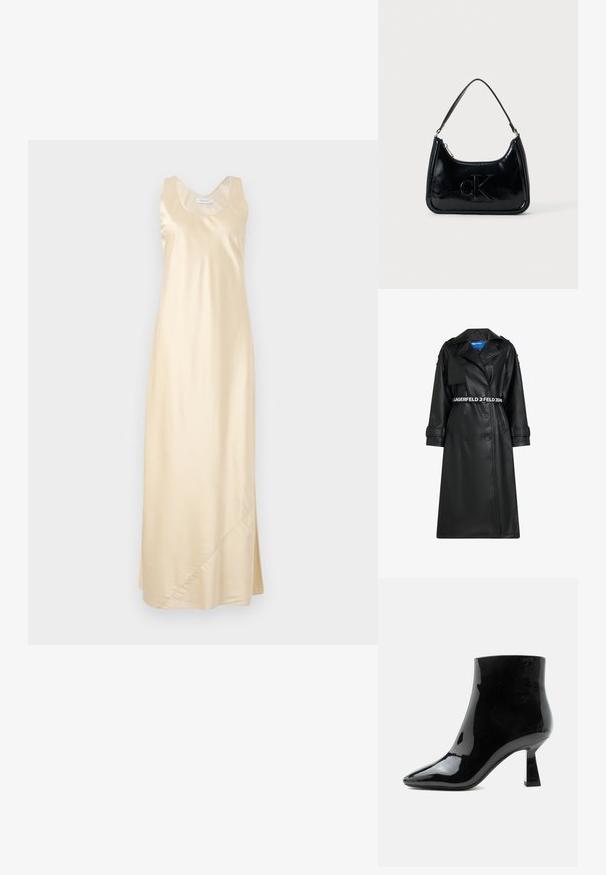 Zwarte faux leren jas met een dubbelbreasted ontwerp, een ceintuur in de taille, een oversized kraag en flapzakken. Bevat een logo op de tailleband en manchetten.; Satin mouwloos jurk in lichtbeige met een ronde hals, rechte silhouet, zijsplit en een gladde textuur.; Zwarte glanzende lakleren enkellaars met spitse neus en uitlopende middelhoge hak op witte achtergrond.; Zwarte gepatenteerde leren handtas met een gebogen bovenhandgreep, ritsafsluiting en reliëf "cK" logo aan de voorkant. Gladde textuur, gestructureerde vorm.