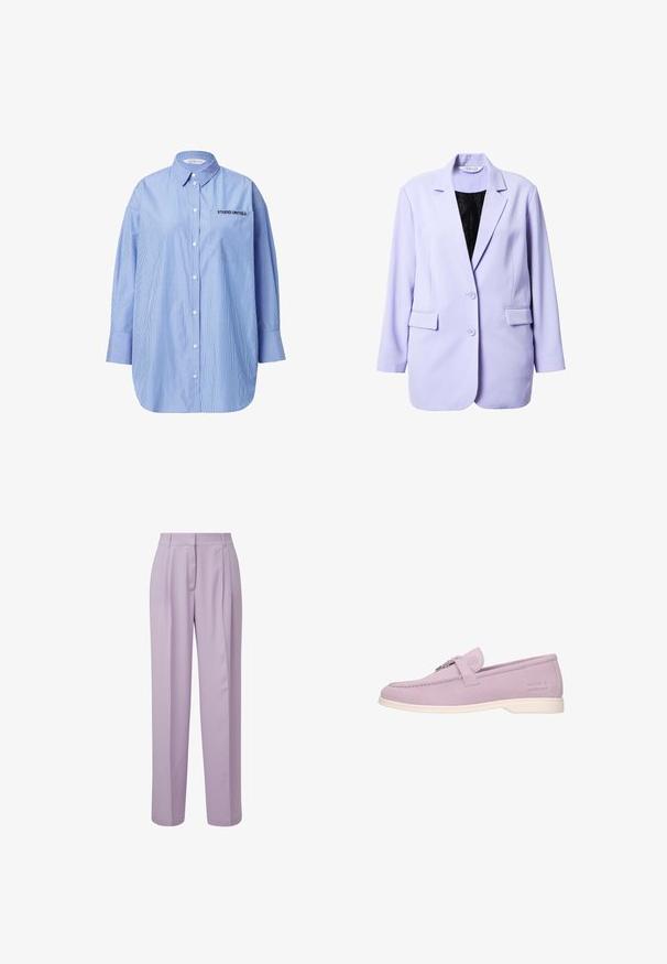 Lilafarbenes Blazer aus glattem Stoff, mit Reverskragen, zwei vorderen Taschen und Knopfverschluss. Das Innere ist schwarz mit einer dezenten Textur.; Gestreifte blaue Button-up-Bluse mit einer Tasche, die den Text "STUDIO UNTOLD" zeigt, klassischem Kragen und langen Ärmeln.; Lavendelfarbene Hose aus glattem Stoff, mit hoher Taille, Falten und weitem Bein, in einem klaren, maßgeschneiderten Design.; Lila Wildleder-Lockschuhe mit gesticktem Design und Gummisohle. Verfügt über einen Frontriemen mit einem Metallsymbol und einem geprägten Logo an der Seite.