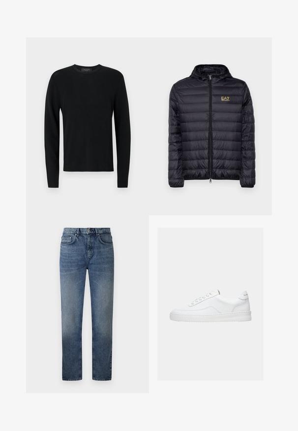 Doudoune noire avec capuche, dotée d'une fermeture éclair à l'avant et d'un design matelassé vertical. Logo doré EA7 sur la poitrine gauche. Texture lisse.; Pull longs en coton noir avec une texture côtelée, col rond et manches ajustées. Design uni sans motifs ni accents.; Jean en denim bleu avec une coupe droite, cinq poches, une fermeture à bouton en métal et un léger délavage sur les cuisses. Détail de surpiqûre classique sur l'ensemble.; Baskets basses blanches avec un design à lacets, dessus en cuir lisse et semelle épaisse, montrées de profil sur un fond uni.