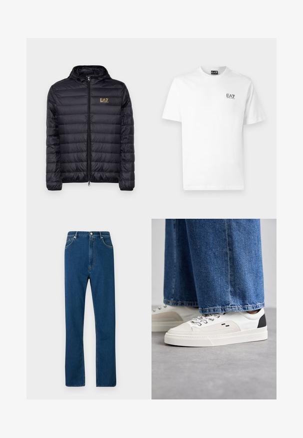 Doudoune noire avec capuche, dotée d'une fermeture éclair à l'avant et d'un design matelassé vertical. Logo doré EA7 sur la poitrine gauche. Texture lisse.; T-shirt en coton blanc avec un col rond, des manches courtes et un logo noir EA7 sur la poitrine gauche. Texture lisse et unie.; Jean en denim bleu avec une taille haute, une coupe droite, un style à cinq poches et des coutures orange contrastées. Texture lisse.; Baskets blanches et noires avec une tige en cuir lisse, des accents texturés et une semelle épaisse blanche. Présentent un design classique à lacets.