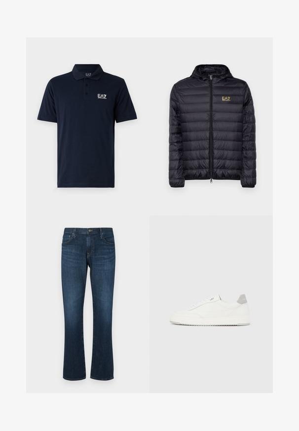 Doudoune noire avec capuche, dotée d'une fermeture éclair à l'avant et d'un design matelassé vertical. Logo doré EA7 sur la poitrine gauche. Texture lisse.; Polo shirt bleu marine en coton, avec un col, des manches courtes et un logo EA7 blanc sur la poitrine gauche. Design à coupe classique.; Jean en denim bleu foncé avec une coupe droite, cinq poches et une fermeture à bouton en métal. Texture lisse avec un léger dégradé.; Baskets basses blanches avec un onglet de talon gris, des lacets blancs et une semelle texturée, présentées sur un fond uni clair.