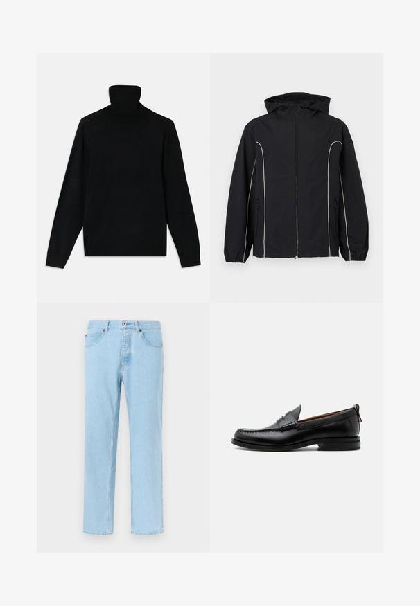 Sort vindjakke med hvid piping, hel lynlås foran, justerbar hætte, elastiske manchetter og sidelommer. Glat stofstruktur.; Sort turtleneck sweater, lavet af blødt strikstof, med lange ærmer og en figursyet silhuet. Simpelt design, ingen synlige mønstre eller accenter.; Lyseblå denimjeans med lige ben, forsideknapper og lynlåslukning, forlommer og bæltestropper, vist på ensfarvet baggrund.; Sort læder herre loafer med moc-tå syning, penny strop, struktureret krave og lav stablet hæl på hvid baggrund.
