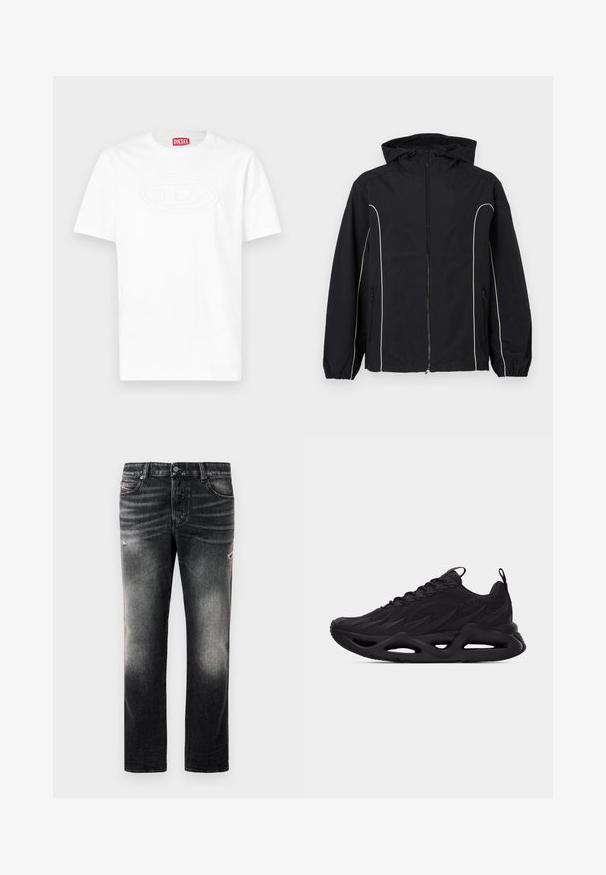 Chaqueta cortavientos negra con ribetes blancos, cremallera completa en el frente, capucha ajustable, puños elásticos y bolsillos laterales. Textura de tela suave.; Camiseta blanca de manga corta y cuello redondo con logotipo ovalado en relieve en el pecho y etiqueta de la marca Diesel en rojo dentro del cuello.; Jeans negros con acabado desgastado y toques rasgados, diseño estándar de cinco bolsillos y cierre con cremallera. Elaborados en tela de denim.; Zapatilla deportiva negra con parte superior texturizada, diseño con cordones, lengüetas para tirar en la lengüeta y el talón, y una suela esculpida con detalles recortados.