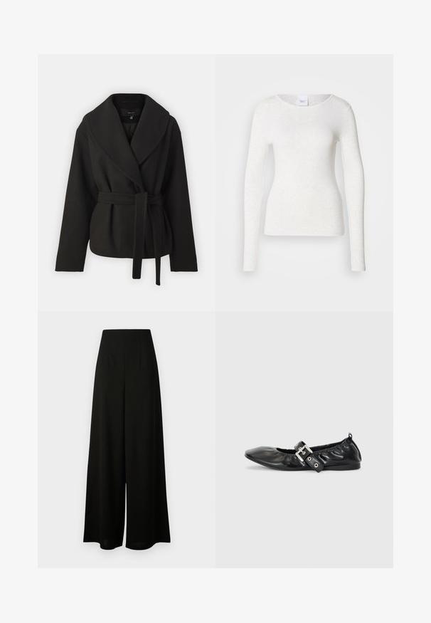 Vero Moda Tall VMANNE BERGEN JACKET - Overgangsjakke - black; Hvid langærmet t-shirt i et blødt, letvægtsstof med rund halsudskæring og slank pasform, der har en diskret struktur.; Vero Moda Tall VMLIVA SUPER WIDE PANTS - Bukser - black; Sorte læder flade sko med spids tå, samling detaljer omkring åbningen, og en sølv spænde accent på den justerbare rem.