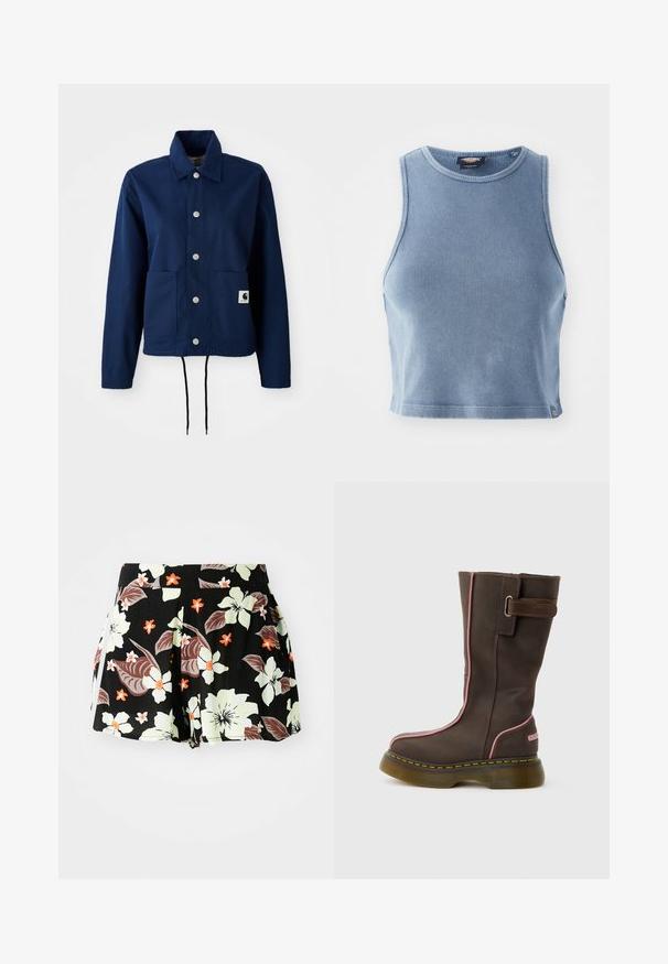 Navyblaue Jacke aus Baumwollmischgewebe; verfügt über einen Knopfverschluss, zwei Fronttaschen und einen Kordelzugsaum. Dezente Markenkennzeichnung auf der unteren Tasche.; Helles blaues, geripptes Crop-Top mit Rundhalsausschnitt und ärmellosem Design. Glatte Textur und ein kleines Logodetail am Saum.; Schwarze Blumenshorts mit großen hellgrünen und orangefarbenen Blumen sowie dunklen Blättern, plissierter Design und Taschen an den Seiten.; Brauner Lederstiefel bis zur Mitte der Wade mit rosa Besatz, dicker durchsichtiger Sohle, gelben Nähten und einem seitlichen Riemen mit Metallschnalle.