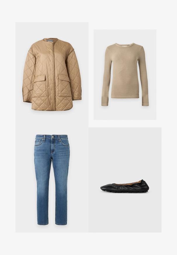 Veste matelassée beige à manches longues, col rond, poches à rabat à l'avant, avec un motif de couture en forme de losange.; Haut beige à manches longues en maille côtelée, col rond, silhouette ajustée et coutures visibles aux ourlets sur fond uni.; Jean bleu de lavage moyen avec une coupe droite, cinq poches, fermeture par bouton métallique et couture contrastée. Tissu en denim avec légère décoloration.; Ballerines en cuir noir avec des détails froncés au col, bout rond et semelle en caoutchouc flexible. Texture lisse dans l'ensemble.