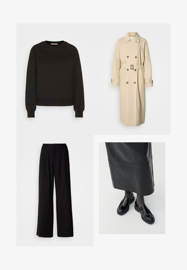 Beiger Trenchcoat mit zweireihiger Vorderseite, großem Kragen und Taillengürtel. Mit Knopfakzenten und beweglichen Ärmeln mit Riemen.; Schwarzer Sweatshirt mit Rundhalsausschnitt, langen Raglanärmeln, elastischen Bündchen und tailliertem Saum. Hergestellt aus weichem Material, minimalistisches Design.; Schwarze weit geschnittene Hosen aus glattem Stoff, mit Falten an der Vorderseite, einem taillierten Bund und ohne sichtbare Muster oder Akzente.; Schwarze Lederloafers mit glatter Oberfläche, verziert mit einem dekorativen Riemen, runder Zehenpartie und texturierten Sohlen. Getragen mit einem langen schwarzen Lederrock.