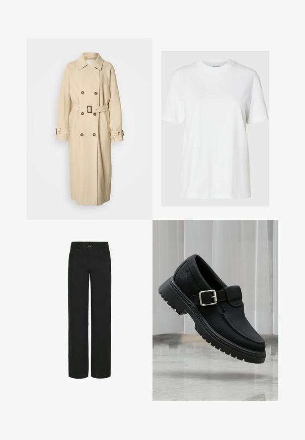 Beige trenchcoat met een dubbelgeknoopt voorpand, grote kraag en een tailleceintuur. Voorzien van knoopdetails en gevormde mouwen met riempjes.; Witte katoenen t-shirt met korte mouwen en een ronde halslijn. Heeft een relaxte pasvorm en een minimalistisch ontwerp zonder patronen of accenten.; Zwarte wijde spijkerbroeken gemaakt van denim met een gladde textuur. Bevat voorzakken, een knoopsluiting en riemlussen.; Zwarte leren schoen met gesp, dikke profielzool, moc-toenaad en geperst logo aan de hielzijde, geplaatst boven een marmeren vloer.