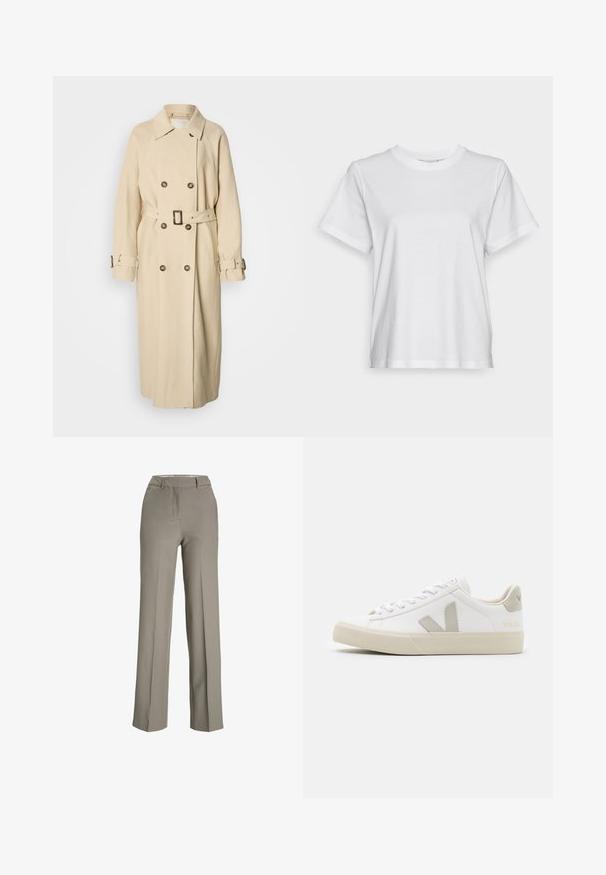 Beige trenchcoat med dobbeltradet front, stor krave og et bælte i taljen. Har knapdetaljer og artikulerede ærmer med stropper.; Hvid bomulds T-shirt med korte ærmer, rund hals og en afslappet pasform. Glat tekstur, uden mønstre eller grafik, enkel design.; Lys grå, brede bukser lavet af et glat stof med en skræddersyet talje, frontfolder og sidelommer.; Hvide sneakers lavet af læder med grå V-logo detaljer, struktureret gummisål, hvide snørebånd samt polstret tunge og krave.