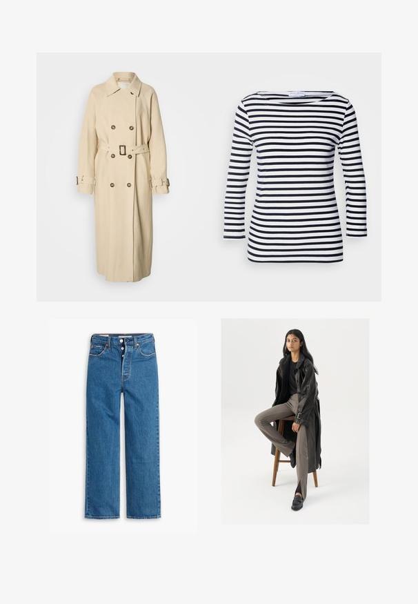 Beige trenchcoat med dobbeltradet front, stor krave og et bælte i taljen. Har knapdetaljer og artikulerede ærmer med stropper.; Marineblå og hvide stribede langærmede top med en bred halsudskæring og blødt, strækbart stof. Har jævne vandrette striber hele vejen igennem.; Blå denim lige ben jeans med høj talje, fem lomme design og knaplukning. Markante syninger og kobberfarvede nitter.; Sort læder trench coat med knapper og bælte detalje, parret med lysebrune tætsiddende bukser og sorte loafers, siddende på en træstol.