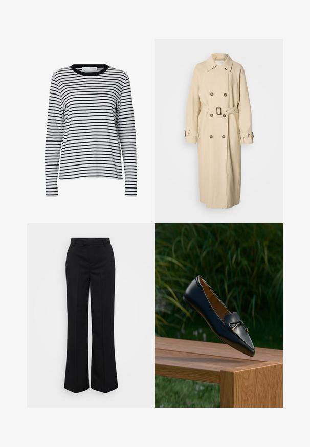 Beige trenchcoat med dobbeltradet front, stor krave og et bælte i taljen. Har knapdetaljer og artikulerede ærmer med stropper.; Hvid langærmet skjorte med sorte vandrette striber og en sort rund hals, vist på en ensartet hvid baggrund.; Gina Tricot Tall STRAIGHT TROUSERS - Bukser - black; Sort læderloafer med detaljeret sløjfe, der svæver over en træbænk med grøn græs og planter i baggrunden.
