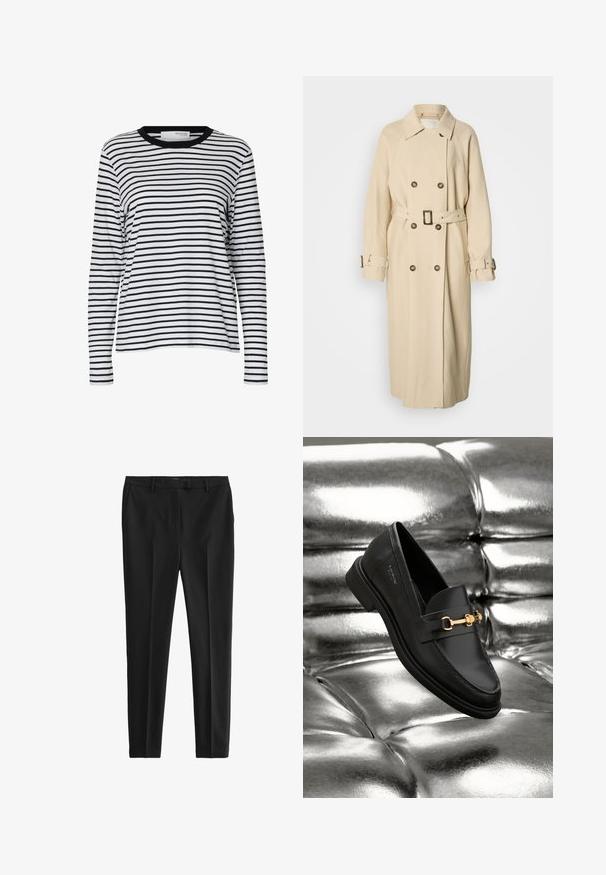 Beige trenchcoat med dobbeltradet front, stor krave og et bælte i taljen. Har knapdetaljer og artikulerede ærmer med stropper.; Hvid langærmet skjorte med sorte vandrette striber og en sort rund hals, vist på en ensartet hvid baggrund.; Sorte skræddersyede bukser lavet af glat stof. Har flad front, sidelommer og en slim fit design. Rent, minimalistisk stil.; Sorte læder loafers med en guldfarvet hardware detalje. Skoen har et elegant design og en glat, skinnende overflade.