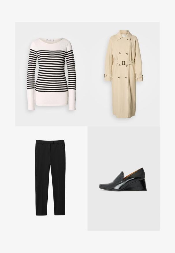 Beige trenchcoat med dobbeltradet front, stor krave og et bælte i taljen. Har knapdetaljer og artikulerede ærmer med stropper.; Langærmet stribet toppen med sort og hvid vandrette striber, bådudskæring og en tætsiddende silhuet. Materiale af bomuldsblanding.; Sorte bukser med skræddersyet design, flad front, to sidelommer og lige benudskæring. Fremstillet af glat stof med en subtil glans.; Chie Mihara VECINO - Pumps m/ kilehæl - black