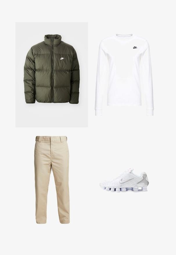 Olijfgroene pufferjack met een hoge kraag, ritssluiting aan de voorkant en een horizontaal gestikt patroon. Kenmerkt zich door een wit Nike-logo op de linkerborst.; Witte lange mouwen T-shirt van katoen, met een klein zwart Nike-logo op de linkerkant van de borst en een ronde halslijn. Gladde textuur.; Beige katoenen broek met een slim fit, rechte pijpen en riemlussen; gladde textuur en minimalistisch ontwerp zonder zichtbare accentueringen.; Witte sportschoenen met een gestructureerd bovenwerk, een zilveren swoosh-logo, meshpanelen en een opvallende gesegmenteerde witte zool.