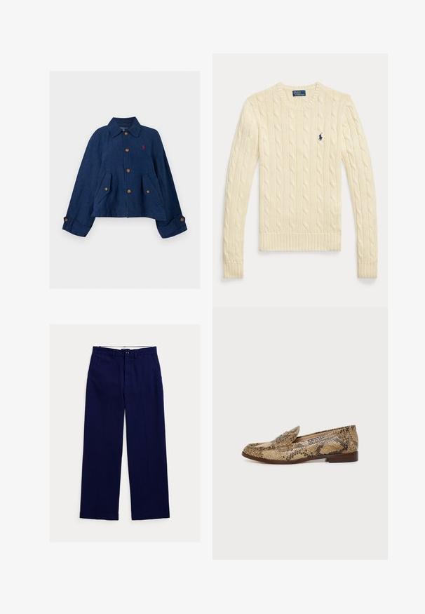 Chaqueta azul marino con botones, cuello, dos bolsillos delanteros, puños abotonados y un pequeño logo rojo bordado en el pecho.; Suéter de punto trenzado color crema con manga larga, cuello redondo y pequeño logo azul marino de Polo Ralph Lauren en el pecho.; Pantalones azul marino de corte recto con trabillas para cinturón, cierre frontal con botones y bolsillos laterales sobre fondo blanco.; Zapato plano tipo mocasín sin cordones con estampado de piel de serpiente en beige y marrón y suela baja marrón sobre un fondo liso.