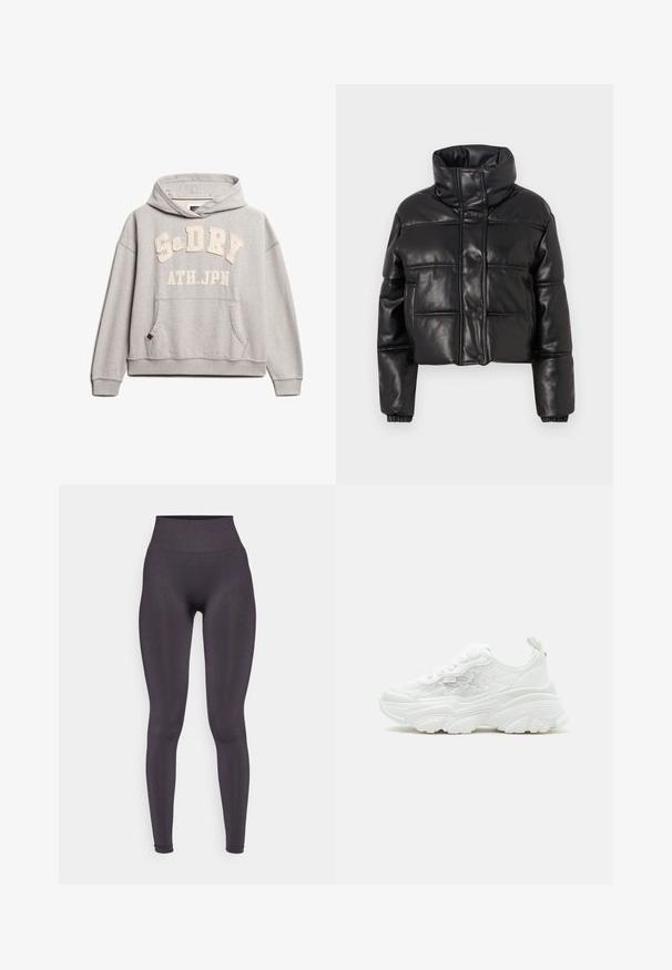 Zwarte cropped pufferjack in faux leather, met een hoge kraag, drukknoopsluitingen en gequiltte panelen met elastische manchetten.; Superdry & Co ATHLETIC ESSENTIALS - Hoodie - grey marl; Hoge taille donkergrijze legging gemaakt van een gladde, rekbare stof met een aansluitend ontwerp en geen zichtbare patronen of hardwaredetails.; Witte chunky sneaker met veterluiting aan de voorkant, zijpanelen van mesh met bloemenprint, en dikke gevormde zool, weergegeven vanaf de linkerkant tegen een effen achtergrond.