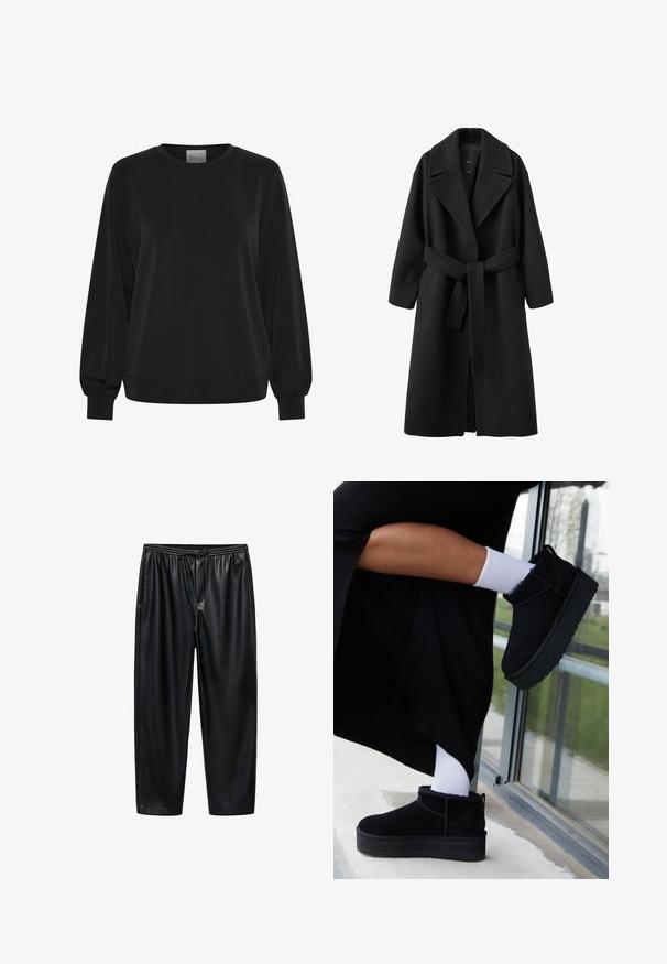 Schwarzer Wollmantel mit Reverskragen, tailliertem Gürtel und langen Ärmeln. Verfügt über eine klare Silhouette und Seitentaschen.; Schwarzer Pullover mit langen Ärmeln, Rundhalsausschnitt und gerippten Bündchen. Hat eine glatte Textur und ein dezentes Logodetail auf der Vorderseite.; Schwarze, glänzende, synthetische Hose mit elastischem Bund und Kordelzug. Verfügt über eine verkürzte Länge und zwei Seitentaschen. Glatte Textur.; Schwarze Wildleder-Stiefeletten mit flacher Sohle, versehen mit einer Zuglasche hinten, getragen mit weißen Knöchel-Socken vor einem minimalistischem Hintergrund.