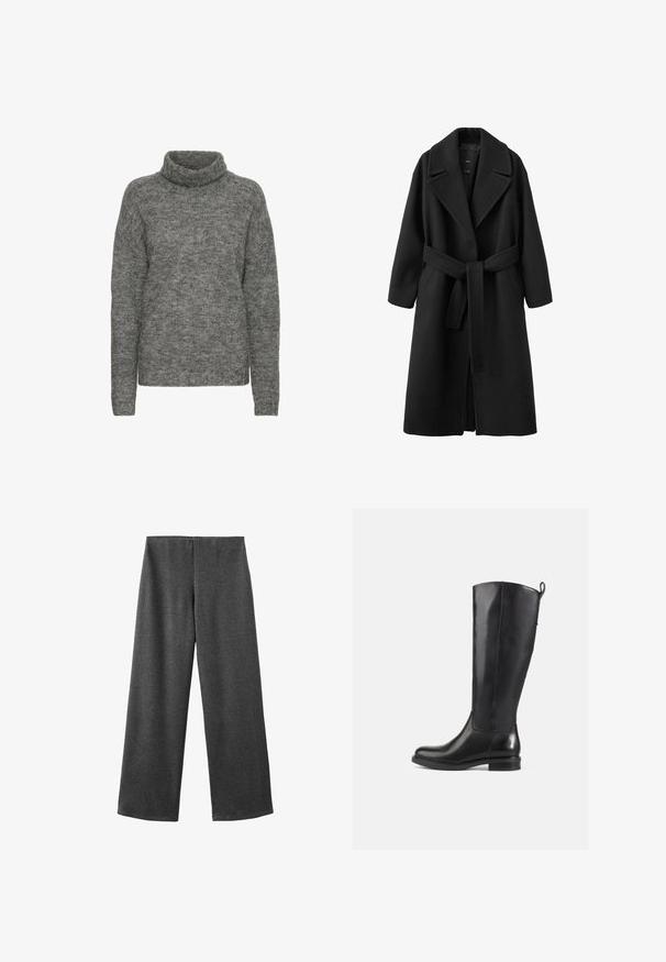 Sort uldfrakke med reverskrave, bælte i taljen og lange ærmer. Har en ren silhuet og sidelommer.; Grå turtleneck sweater lavet af blødt strikmateriale, med en afslappet pasform og lange ærmer med en subtil tekstur hele vejen igennem.; Bredde bukser lavet af mørkegrå stof med en glat tekstur. Har en mellemhøj talje og ingen synlige lukninger eller udsmykninger.; Knæhøje sorte læderstøvler med en glat finish, rund tå, lav hæl og en flap bagpå. Minimalistisk design uden synlige mønstre.