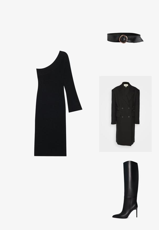 Materiel BOXY COAT - Klassisk frakke - black; Sort ribbet strikkjole med en asymmetrisk halsudskæring og én klokkeslæbe, med en tætsiddende silhuet der går til knæ.; Knæhøj sort læder stiletto støvle med spids tå. Glat tekstur, struktureret design og en slank høj hæl. Ingen synlig hardware eller mønstre.; Sort læderbælte med bredt bånd og stor uregelmæssig kobberfarvet metalspænde.