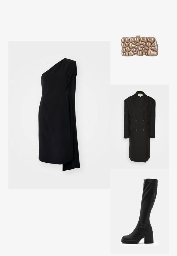 Materiel BOXY COAT - Klassisk frakke - black; Sort asymmetrisk kjole med én skulder, lavet af glat stof, med en draperet design og en sideslids for ekstra detaljer.; Sorte knæhøje støvler lavet af glat syntetisk materiale, med en tyk blokhæl og strømlinet design med elastisk top.; Clutch-taske med metallisk guldbelagte finish og uregelmæssigt, polstret geometrisk mønster, rektangulær form og top lås.