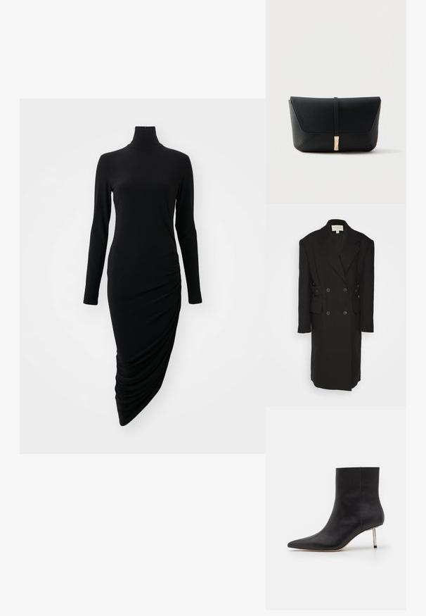 Materiel BOXY COAT - Klassikaline mantel - black; Must mustriga mustard dress kõrge kaelusega, millel on ühel küljel riku disain, valmistatud siledast, venivast kangast.; Must musta ankle kingad terava varba ja õhukese metalset muujuhega. Sile tekstuur, puhtad jooned ja minimalistikud disainielemendid.; Must tekstureeritud nahast käekott, millel on esikülje klapp, mis kinnitub peene rihma ja kuldse risttahuka lukuga.