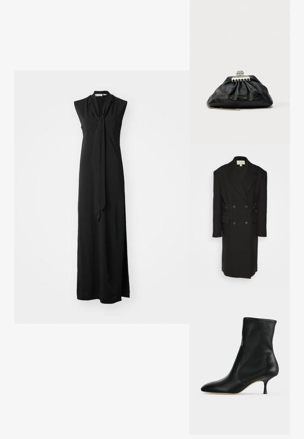 Materiel BOXY COAT - Klasický kabát - black; Čierne maxi šaty bez rukávov s viazaným golierom, splývavý materiál, bočný rozparok a hladká textúra. Jednoduchý a elegantný dizajn.; Čierna kožená členková čižma s ostrou špičkou a úzkym stredne vysokým podpätkom, zobrazená z profilu na svetlom pozadí.; Čierna kožená listová kabelka so záhybovým dizajnom, striebornou sponou a reťazovým remienkom. Jemné značenie vyrazené na prednej strane.