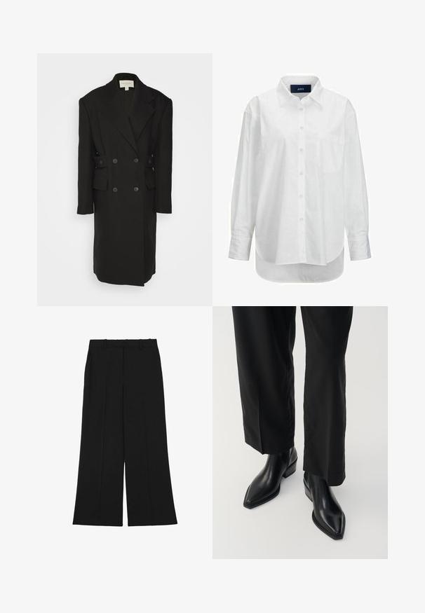 Materiel BOXY COAT - Klasický kabát - black; Biele dlhé rukávy košele z hladkej bavlny s golierom na gombíky, prednou vreckom a zakriveným lemom. Obsahuje zadný diel pre zvýšenú štruktúru.; Čierne široké nohavice z hladkej látky. Majú vysoký pás, dvojité záhyby na prednej strane a pútka na opasok. Bez viditeľných vreciek alebo ozdôb.; Čierne kožené členkové čižmy s špicatou špičkou, hladkou textúrou a štvorcovým podpätkom. Spárované s čiernymi širokými nohavicami, čím vytvárajú elegantný siluet.