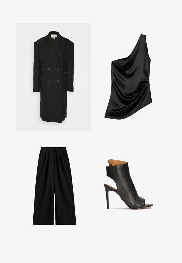 Materiel BOXY COAT - Klasický kabát - black; Čierny saténový top s asymetrickým výstrihom, drapériou a jemnou textúrou. Má jedno rameno a voľný siluet.; Čierne široké nohavice s vysokým pásom, s očkami na opasok, prednými skladmi a hladkým, čistým povrchom látky.; Čierne kožené sandále na vysokom opätku s otvorenou špičkou a výrezmi. Majú stiletto opätok a tvarovaný členkový pás.