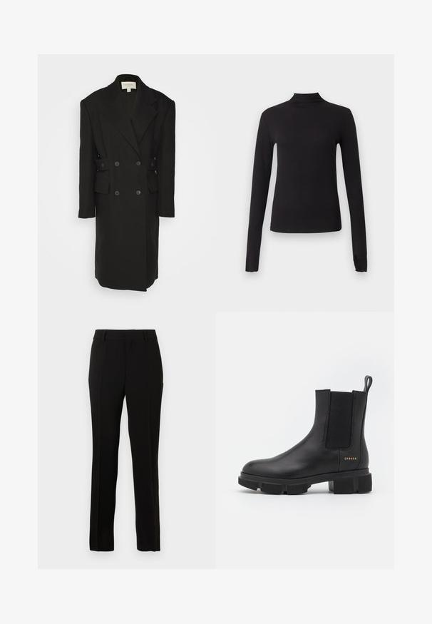 Materiel BOXY COAT - Klassisk frakke - black; Sort langærmet tætsiddende top med høj hals, vist på ensartet lysegrå baggrund.; Sorte skræddersyede bukser lavet af et glat materiale, med lige snit, pressefolder, bæltesløjfer og lynlås til lukning.; Sorte læder ankelstøvle med elastiske sidepaneler og en kraftig mønstret sål. Har en pull tab og guld branddetalje. Mat finish.