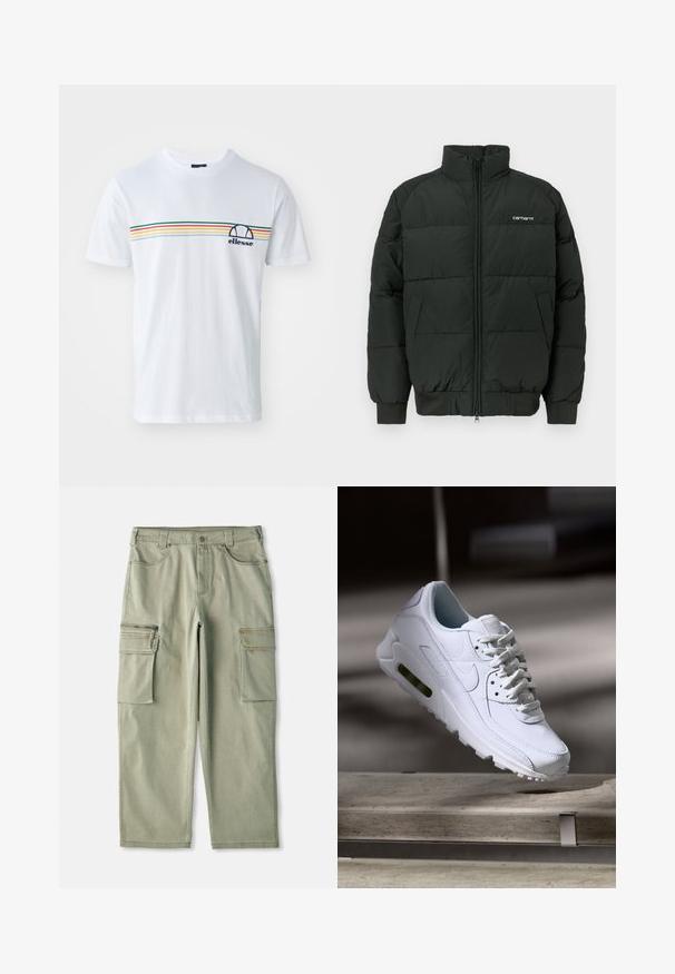 Schwarze Puffjacke mit hohem Kragen, Reißverschluss und gerippten Bündchen. Verfügt über horizontale Nähte und ein kleines Logo auf der Brust.; Weißes Baumwoll-T-Shirt mit kurzen Ärmeln, ausgestattet mit einem horizontalen Streifenmuster in Rot, Grün, Gelb und Blau sowie einem marineblauen Logo auf der Brust.; Khakifarbene Cargo-Hosen mit lockerer Passform, aus Baumwolle gefertigt, mit zwei seitlichen Cargo-Taschen und einer Reißverschlusstasche am linken Bein.; Weiße Lederturnschuhe mit strukturierten Oberflächen, gepolstertem Kragen und sichtbarer Luftpolsterung in der Sohle. Verfügt über Schnürsenkel und ein minimalistisches Design.