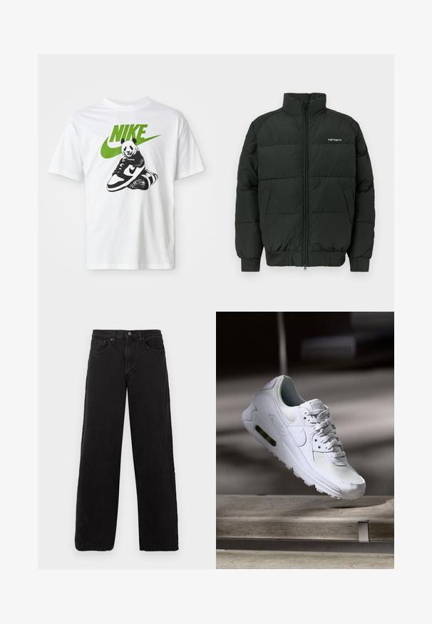 Schwarze Puffjacke mit hohem Kragen, Reißverschluss und gerippten Bündchen. Verfügt über horizontale Nähte und ein kleines Logo auf der Brust.; Weißes Baumwoll-T-Shirt mit einem schwarz-weißen Panda-Graphic, der einen Nike-Sneaker hält, mit einem grünen Nike-Logo darüber.; Schwarze Denim-Jeans mit geradem Bein, fünf Taschen und Knopfverschluss. Strukturierter Stoff und minimalistisches Design.; Weiße Nike Air Max 90 Sneaker mit einem Obermaterial aus Mesh und Leder, durchlässigem Zehenbereich und einer sichtbaren Air-Einheit in der Ferse.