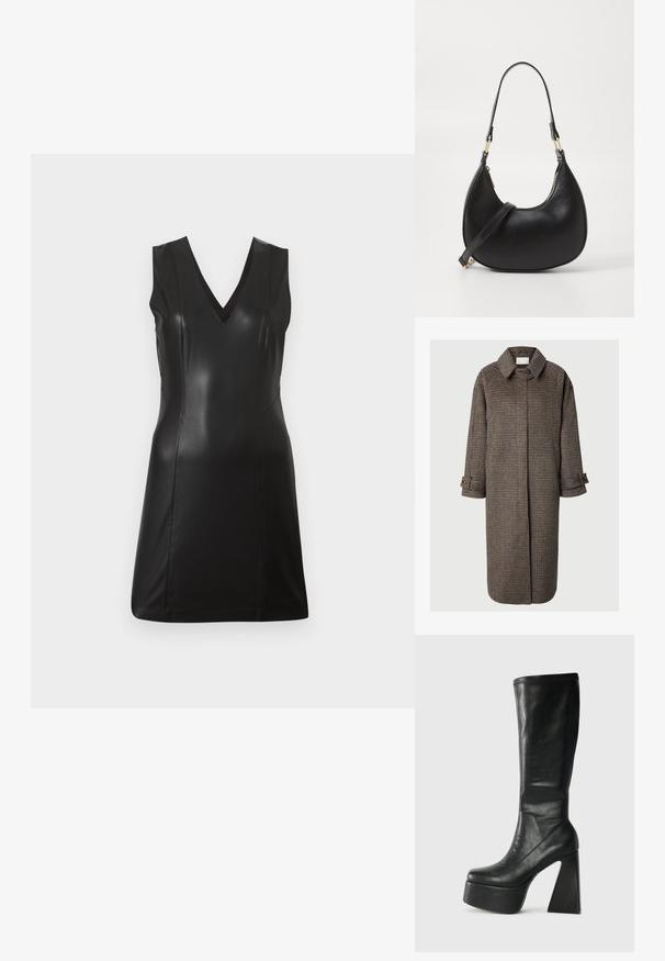 Lang brun og beige houndstooth-mønstret uldfrakke med krave, skjulte frontknapper, sidelommer og knaplukning ved ærmerne.; Sort ærmeløs kjole i kunstlæder med V-hals og figursyede sømme, knælang, mod en ensfarvet lys baggrund.; Sorte læder knæhøje støvler med en chunky platform og geometrisk høj hæl. Glat tekstur med syede detaljer ved den øverste kant.; Sort læder håndtaske med en buet form, udstyret med en top-lynlås, et kort håndtag og en aftagelig crossbody-strop. Gyldne hardware-accenter.