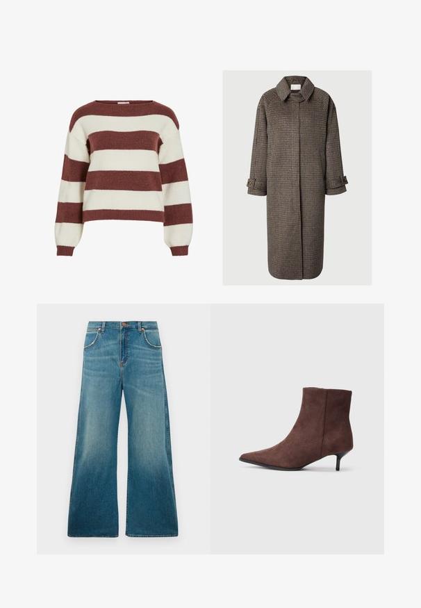 Lang brun og beige houndstooth-mønstret uldfrakke med krave, skjulte frontknapper, sidelommer og knaplukning ved ærmerne.; Strikket trøje i bordeaux og creme, lavet af et blødt, struktureret garn. Har en bred halsudskæring og ballonærmer med ribkant ved håndleddene.; Højtaljede blå denimjeans med brede ben, frontlommer, knaplukning og en falmet farvegradient fra talje til kant.; Brune ankelstøvler i ruskind med spids tå og en slank, sort hæl. Har en glat tekstur og et enkelt design.