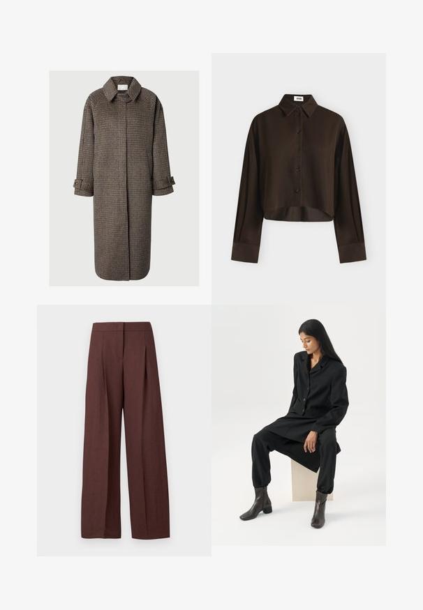 Lang brun og beige houndstooth-mønstret uldfrakke med krave, skjulte frontknapper, sidelommer og knaplukning ved ærmerne.; Mørkebrun langærmet cropped skjorte med knapper, spids krave og brede manchetter, vist på en ensfarvet lys baggrund.; Brune bukser med høj talje og brede ben, forsynet med forreste læg og skjult lukning foran, vist på ensartet hvid baggrund.; Kvinde med langt mørkt hår, siddende iført en løs sort blazer, matchende vidde bukser og mørke ankelstøvler mod en ensfarvet hvid baggrund.