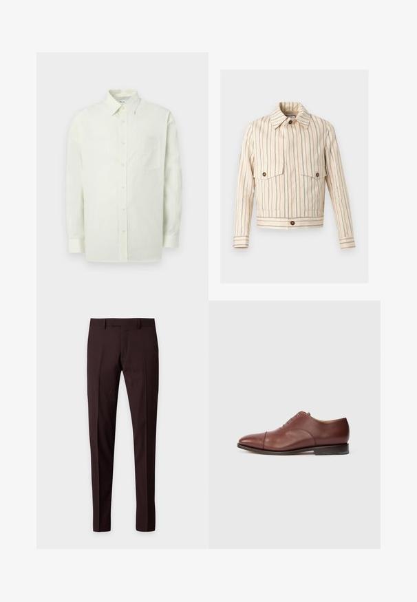 Veste courte beige avec fines rayures verticales marron, poches poitrine à rabat boutonnées, boutons marron et col pointu.; Chemise boutonnée vert clair en tissu texturé avec col, manches longues et une poche poitrine. Design classique avec des boutons à l'avant.; Pantalon habillé slim marron foncé avec passants de ceinture, pli avant, sans poches visibles, présenté sur un fond clair uni.; Chaussure de ville Oxford en cuir brun avec bout amovible, lacets fermés et petit talon empilé sur fond blanc.
