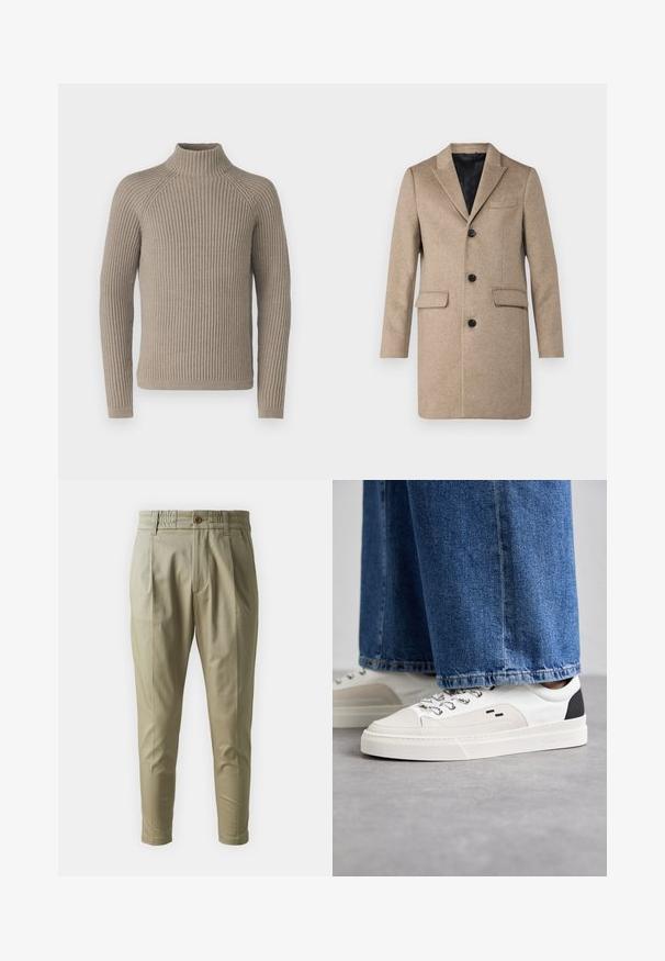 Beige uldfrakke med spids revers, tre knaplukninger, to forlommer og en glat sort indvendig foring.; Beige ribbet turtleneck sweater med lange ærmer, som har en tætsiddende silhuet og struktureret strikkemønster. Lavet af et blødt materiale.; Lys beige tapered bukser med elastisk talje, frontknaplukning og to sidelommer; glat stof med en let glans.; Hvide og sorte sneakers med en glat læderoverdel, teksturerede detaljer og en kraftig hvid sål. Har et klassisk snørebåndsdesign.