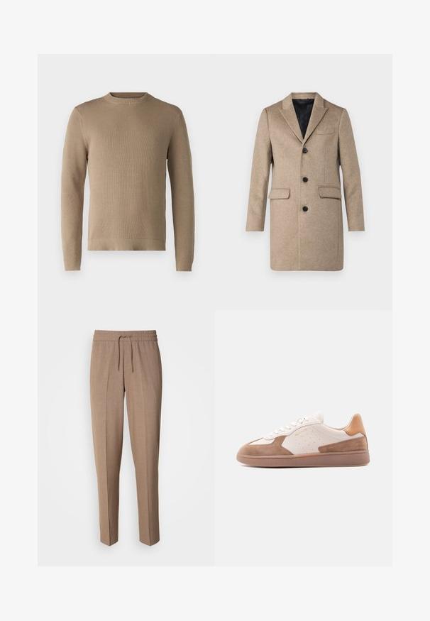Beige wollen jas met een gelapte revers, drie knoopsluitingen, twee voorkleding zakken en een gladde zwarte binnenvoering.; Beige gebreide trui met een ronde hals, geribde manchetten en zoom, en een textuurstof, met een effen kleur zonder patronen of accenten.; Bruine, geweven stoffen broek met een relaxte pasvorm, trekkoord taille en plooien aan de voorkant. Rechte pijpen en geen zichtbare zakken of hardware.; Witte en beige lage sneaker met suède details, geperforeerde zijkanten, witte veters en een getextureerde gumzool, zijaanzicht op een witte achtergrond.
